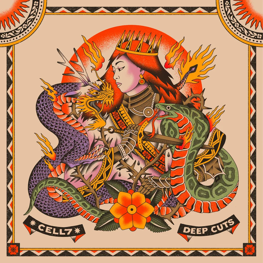 Deep Cuts front cover: a crowned warrior woman entwined with a dragon and a serpent, drawn in tattoo flash style