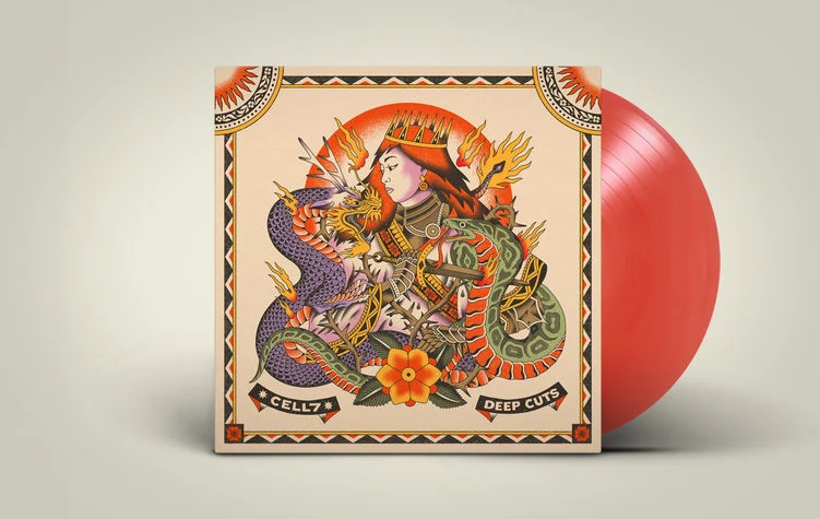 Deep Cuts vinyl record in a red sleeve with the tattoo-style cover art, next to a red vinyl disc