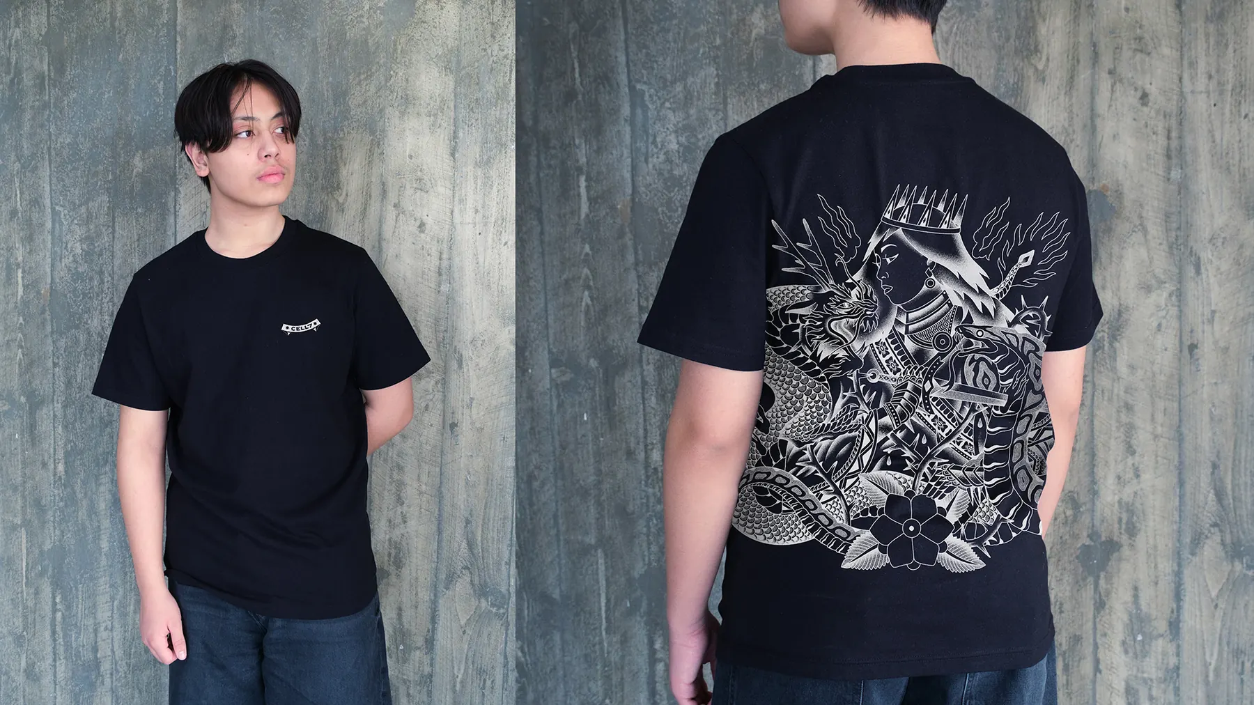 Black Cell7 T-shirt, front with a small banner logo and back with a large tattoo-style crowned warrior, dragon and serpent print